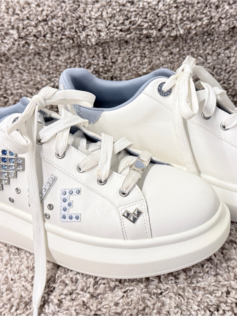 Aldo White Platform Sneakers with Silver Stud & Crystal Accents